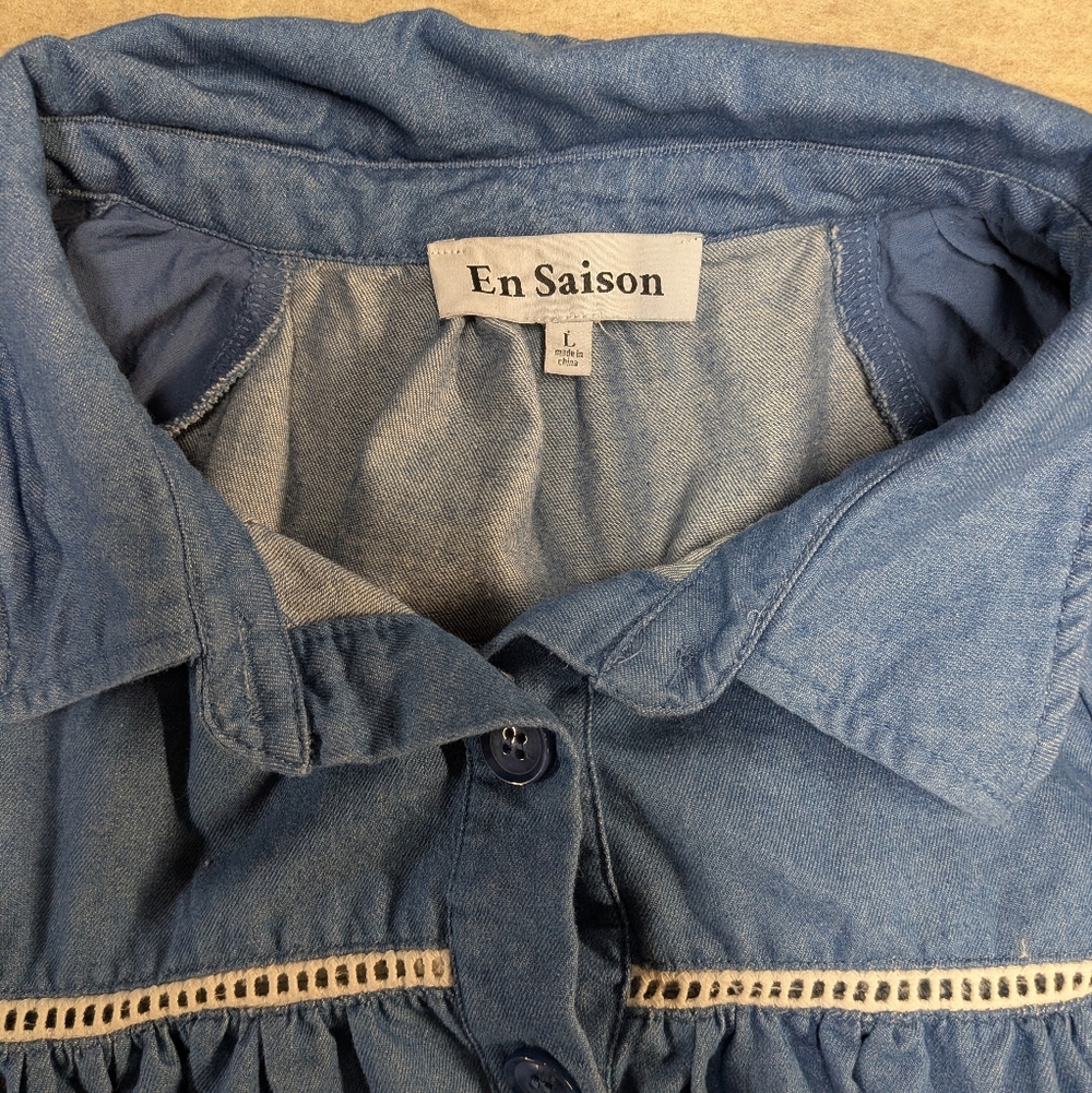 En Saison Tara Tiered Cotton Trapeze Mini Dress Denim Puff Sleeve Size Large - Picture 3 of 11